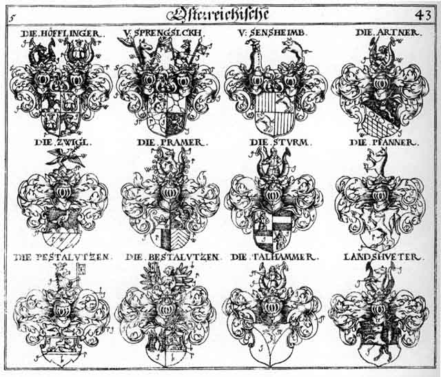 Coats of arms of Artner, Bestalutzen, Bramer, Hofflinger, Landshueter, Lantzhuet, Pestalutzen, Pfanner, Praemer, Pramer, Sensheimb, Sprengslck, Sturm, Sturmb, Talhammer, Waldrab, Walrab, Zwigl