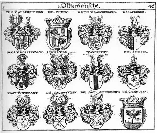 Coats of arms of Damaglitz, Putzen, Puz, Puzen, Rädaprunner, Raedaprunner, Rauch, Rues, Sachwitzen, Saegl, Sägl, Schnätter, Schober, Spanofsky, Tertzen, Vögt, Vögten, Voiten, Wierant