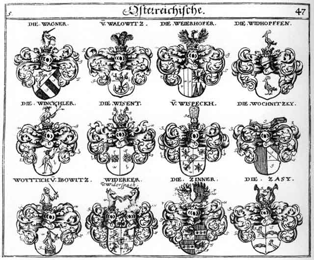 Coats of arms of Wagner, Walowitz, Weierhofer, Widerkeer, Widhopsen, Winckler, Wisent, Wochnitzky, Woyttich, Zasy, Zienner, Zinner