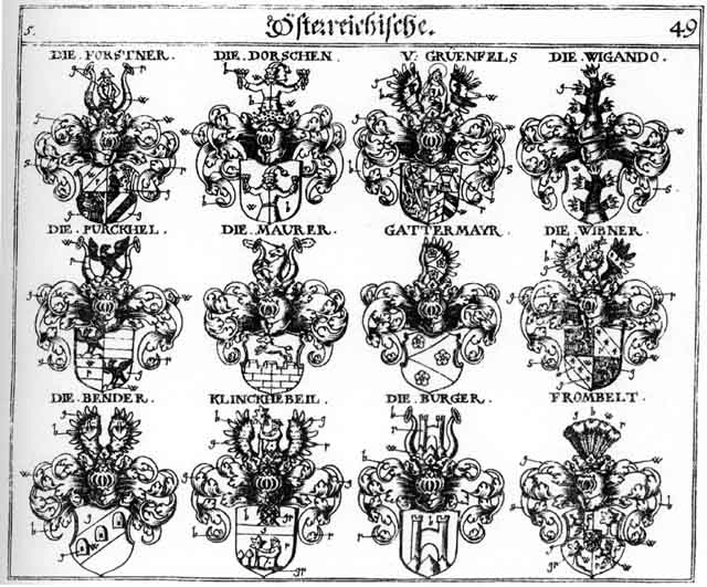 Coats of arms of Bender, Burger, Byrkel, Dorschen, Forstner, Frombett, Gattermayr, Gruener, Grüenfels, Grünenfels, Klinckhebeil, Mauerer, Maurer, Pirckel, Purckhel, Wibner, Wigando