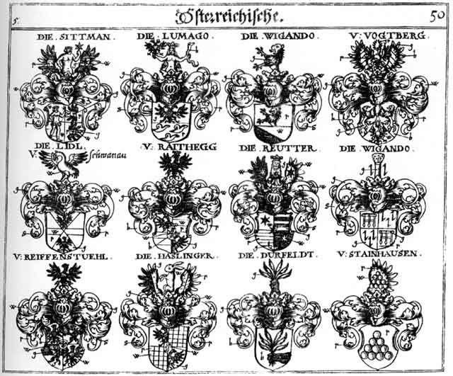 Coats of arms of Dürfeld, Haslinger, Lidl, Liedl, Lumago, Ochsen, Raithegg, Reiffenftuehl, Reitter, Reutter, Sittmann, Stainhausch, Steinhausen, Vogtberg, Wigando