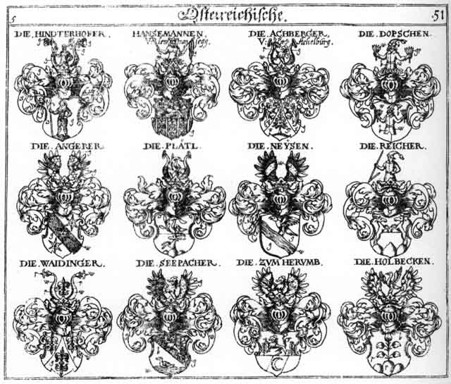 Coats of arms of Achberger, Angerer, Dorschen, Hansemannen, Hinderhoffer, Holbecken, Neiss, Neysen, Plätl, Reicher, Waidinger, Zum Herumb