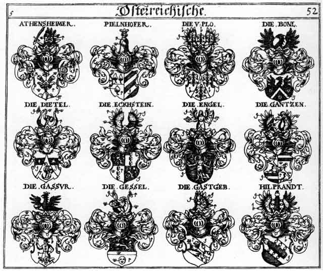Coats of arms of Athensheimer, Boenl, Bönl, Dietel, Eckstein, Egstein, Engel, Engl, Gantzen, Gassur, Gástgeb, Gessel, Hilbrandt, Hilprand, Plo, Titl