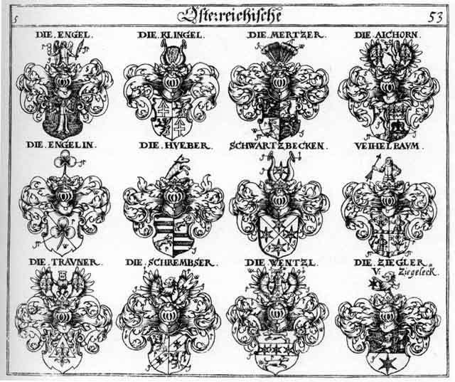 Coats of arms of Aichorn, Eckhoff, Eichorn, Engel, Engelin, Engl, Huber, Hueber, Klingel, Mertzer, Schrembser, Schwartzbecken, Trauner, Veihelbaum, Wentzl, Zegler, Zigler