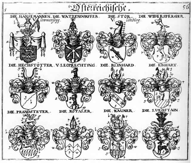 Coats of arms of Brandtstetter, Ebhart, Hansemannen, Hechstötter, Hochstetter, Leoprechting, Leprechtinger, Luegstein, Prandtstetter, Reinhard, Rotaler, Stor, Watzendorffer, Widersperger, Zauner