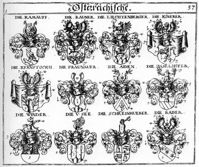 Coats of arms of Aiden, Bader, Haselhofer, Kamauff, Kernstockh, Köberer, Koeberer, Liechtenberg, Liechtenberger, Pader, Praunauer, Schreinhueber, See, Winder, Winter, Zauner