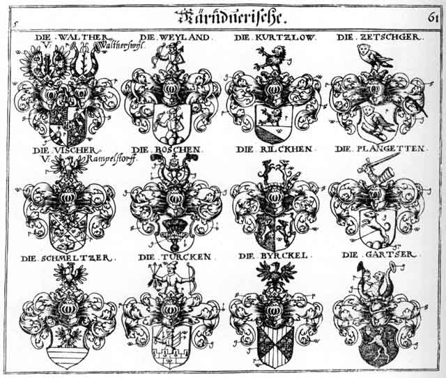 Coats of arms of Boschen, Byrckel, Fischer, Gartfer, Kutzlow, Pirckel, Plangetton, Poschen, Rilcken, Rülcke, Schmeltzer, Turcken, Viescher, Vischer, Walter, Walther, Weyland, Zetschger
