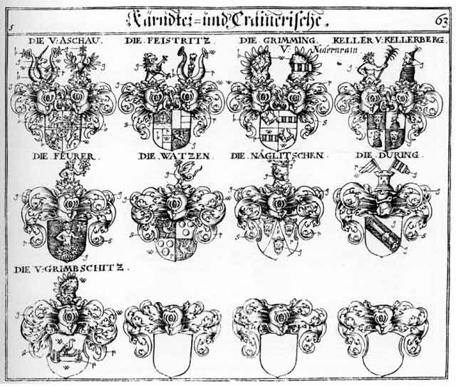 Coats of arms of Aschau, Düring, Feistritz, Feurer, Grimbschitz, Grimming, Keller, Naglitschen, Watzen