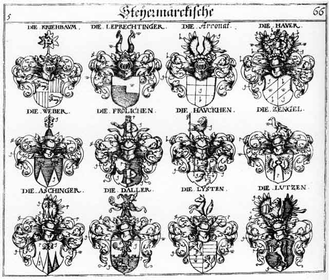 Coats of arms of Arronat, Aschinger, Daller, Frölichen, Haucken, Hauer, Kriechpaum, Kriehpaum, Leoprechting, Leprechtinger, Listen, Lysten, Taller, Weber, Zengel