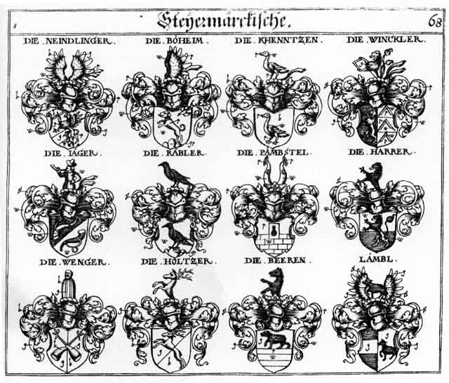 Coats of arms of Beer, Beeren, Beheim, Behrn, Böheim, Haerrer, Härrer, Holtze, Holtzer, Jaeger, Laembl, Lämbl, Lampl, Neidlinger, Paembstel, Pämbstel, Perr, Rabiel, Räbler, Raebler, Wenger, Winckler