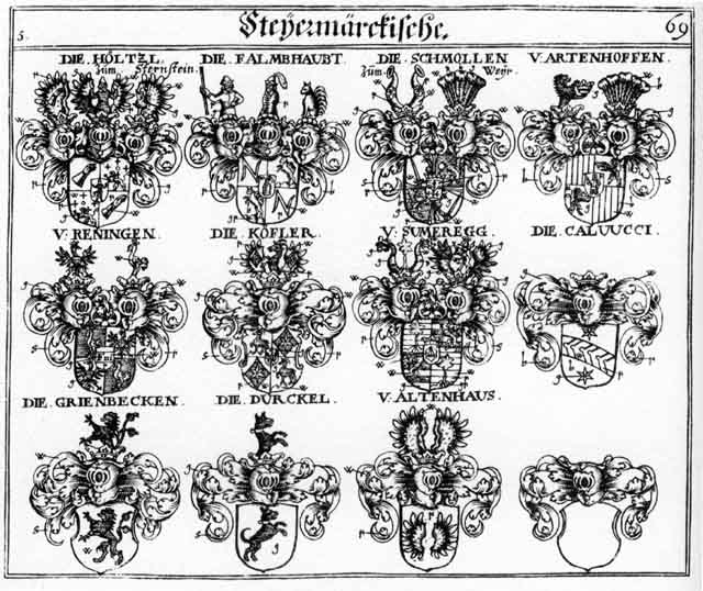 Coats of arms of Artenhoffen, Caluucci, Dürckel, Falmhaupt, Ficken, Grienbecken, Holtzel, Höltzl, Koefler, Koffler, Reningen, Schmollen, Summeregg