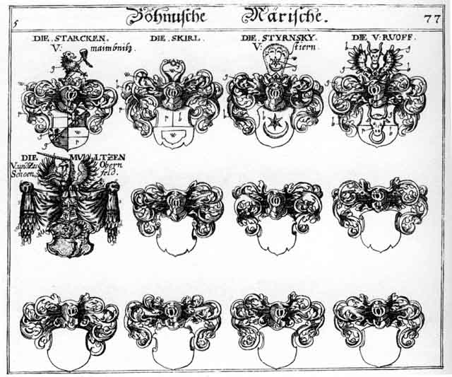 Coats of arms of Mulzert, Ruoff, Skirl, Starck, Starcken, Styrnsky