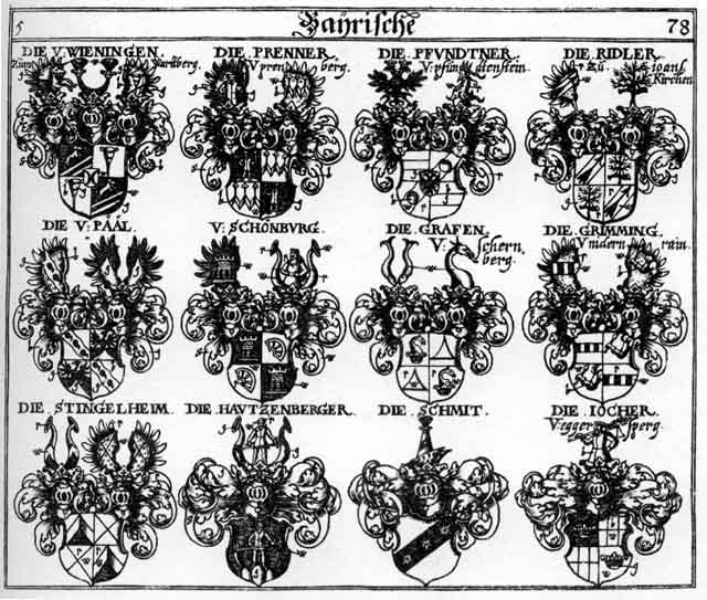 Coats of arms of Brenner, Graffen, Grimming, Hautzenberg, Hautzenberger, Jocher, Pääl, Pfundner, Prenner, Ridler, Riedler, Schmidt, Schmit, Schönburg, Stingelheim, Wieninger