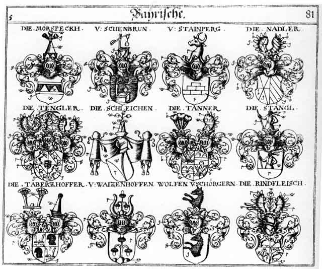 Coats of arms of Dabertzhoffen, Mörspeck, Nadler, Schenbrun, Schleichen, StainbergerSteinberg, Stainperg, Tabertzhoffer, Tanner, Tengler, Thaner, Waitzenhoffen, Wolff, Wolffen