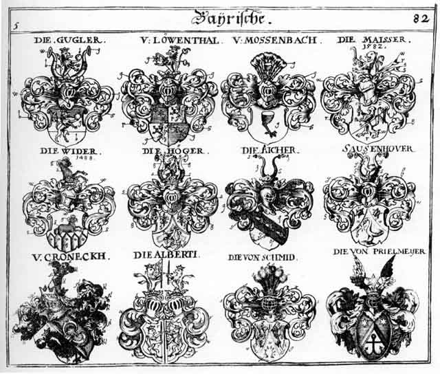 Coats of arms of Aicher, Alberti, Cronegk, Gugler, Hoeger, Höger, Kronegg, Löwenthal, Maisser, Priemayer, Sausenhover, Schmidt, Schmidten, Schmit, Wider