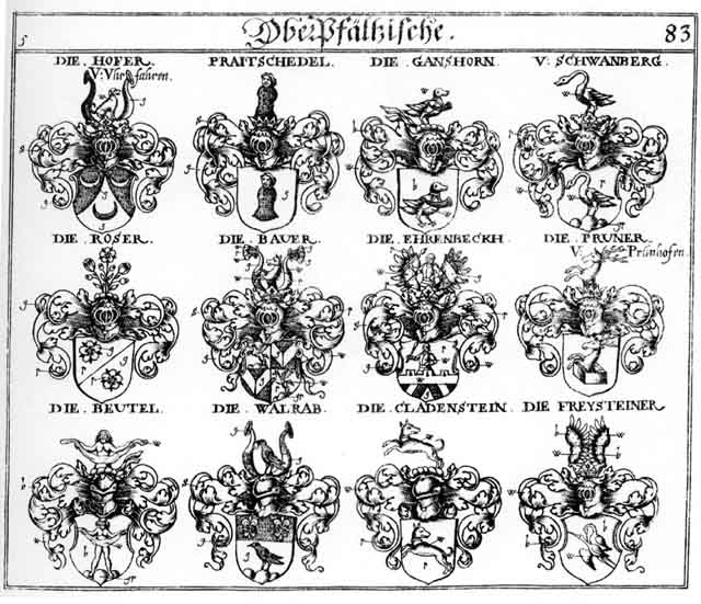 Coats of arms of Bauer, Bauren, Bauwern, Breidtschedle, Bruner, Cladenstein, Ehrenbeck, Freysteiner, Hof, Hofer, Hoff, Hoffer, Pauern, Praitschedel, Pruner, Prunner, Roser, Schwanberg