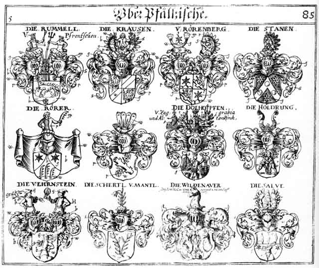 Coats of arms of Castner, Dolhopsen, Ehrnstein, Ernstein, Holdrung, Kraus, Krausen, Rhorer, Roerenberg, Roerer, Rohrer, Rörenberg, Rorer, Ruhmel, Rumel, Rummel, Salve, Schertl, Stanen, Vehrenstein, Wildenatier