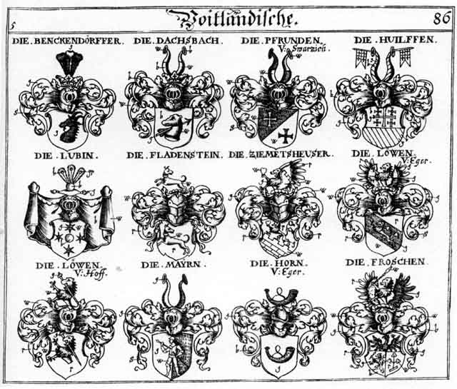 Coats of arms of Bënckendörffer, Dachsbach, Fladenstein, Frosch, Froschen, Hilffen, Horn, Horne, Huilffen, Hulffen, Lewen, Löwen, Lubin, Pfrunden, Ziemetsheuser