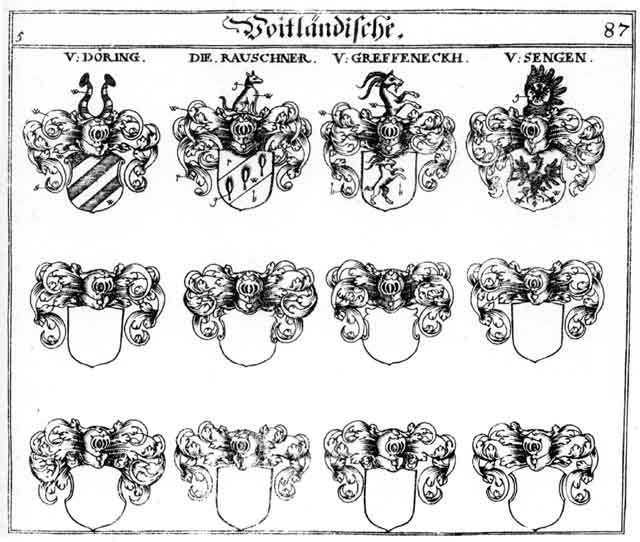 Coats of arms of Doring, Greffeneckh, Rauschner, Sengen, Töring