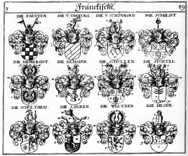 Coats of arms of Behaimb, Bintzinger, Böheim, Demerodt, Fausten, Fichtel, Hese, Hesen, Lauren, Schildt, Schönborn, Schullen, Schultheis, Vorburg, Weltzen