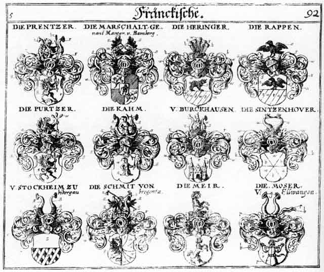 Coats of arms of Brentzen, Heringer, Kahm, Marchalt, Marggraven, Mayer, Meir, Mejer, Meyer, Moser, Mosser, Prentzer, Purtzer, Rappen, Schmidt, Schmidten, Schmit, Sintzenhover, Stockheim