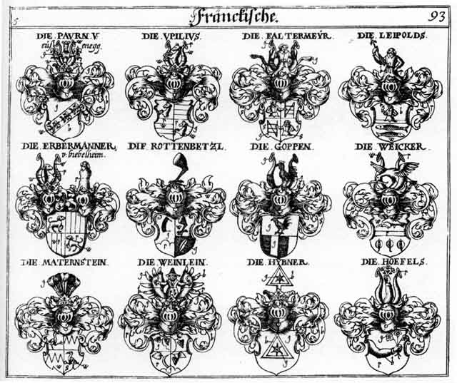 Coats of arms of Erbermänner, Faltermeyr, Goppen, Hoefels, Maternsteln, Rottenbetzl, Upilius, Weicker, Weinlein