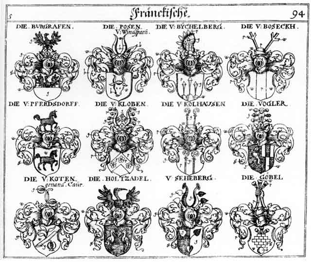 Coats of arms of Boseckh, Boseckher, Bosen, Burggraven, Burgrafen, Bychelberg, Caur, Gobel, Holtzadel, Kloben, Kolhausen, Köten, Pferdsdorff, Pose, Posekh, Posen, Scheberg, Seeberg, Vogeler, Vogler, Voglern