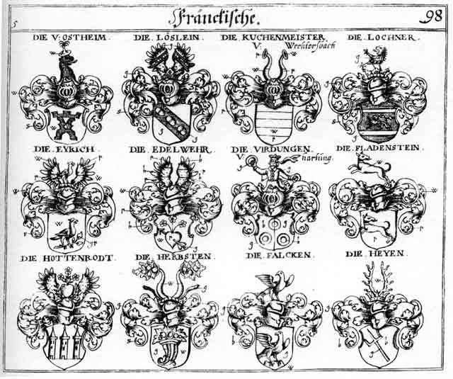 Coats of arms of Eyrich, Falcken, Fladenstein, Herbst, Herbsten, Heyen, Hottenrodt, Kuchenmeister, Lochner, Loeslein, Löslein, Ostheim, Virdungen