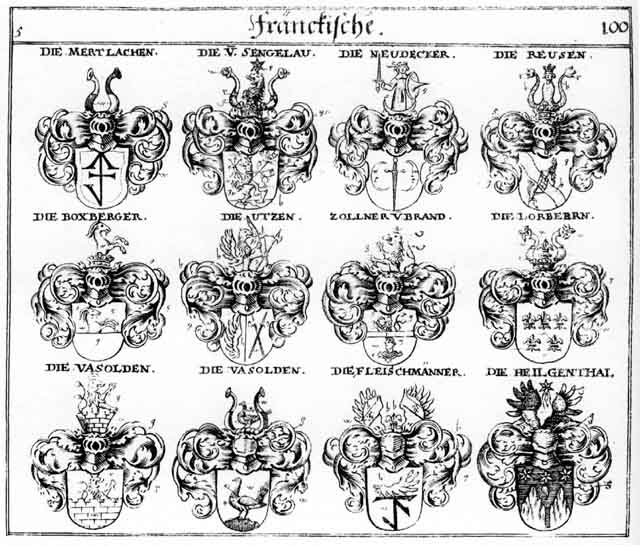 Coats of arms of Boxberger, Fleischmeanner, Heilgenthal, Lorbeern, Mertlachen, Poxberg, Reus, Reusen, Schmidt, Schmidten, Schmit, Sengelau, Vasolden, Zollner, Zolner