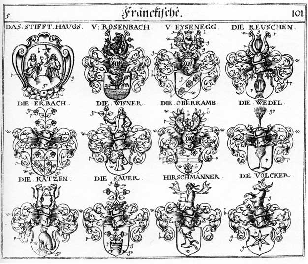 Coats of arms of Erbach, Erpach, Eysenegg, Haugs Stifft, Katzen, Oberkamb, Retschen, Reuschen, Rosenbach, Sauer, Saurn, Völcker, Wedel, Wedlen, Wisner