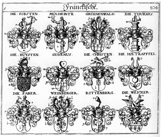 Coats of arms of Christen, Faber, Fabri, Forsten, Gruenwald, Grünenwald, Grünewald, Gudenus, Holtzapfel, Junger, Kuysten, Müllenheintz, Rottenberg, Rottenberger, Weicker, Weinberger