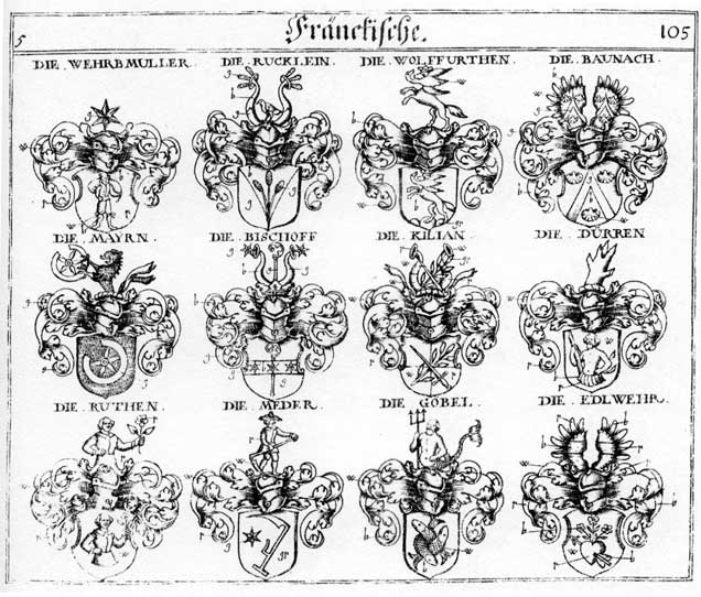 Coats of arms of Baunach, Bischoff, Düren, Dürren, Gobel, Kilian, Mair, Mayer, Mayr, Meder, Meier, Rucklein, Ruedt, Ruthen, Wehrbmüller, Wolffarth, Wolffarthen