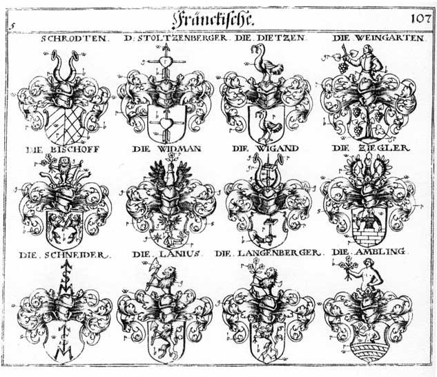 Coats of arms of Ambling, Bischoff, Diettzen, Langenberg, Langenberger, Lanius, Schneider, Stoltzenberger, Weingarten, Wigand, Zegler, Zigler