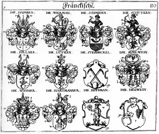 Coats of arms of Haiinben, Hartmann, Hartmanner, Haymb, Hegwein, Hoffmann, Hoffmanner, Kühlwein, Schützen, Sollner, Steinbickel, Weyer, Weyher, Wierman