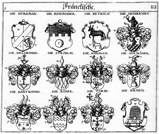 Coats of arms of Betzold, Bienen, Delheimer, Ganse, Gansen, Gulmänner, Hainrichen Henrich, Heinrich, Renckner, Roemer, Römer, Ströblin, Thein