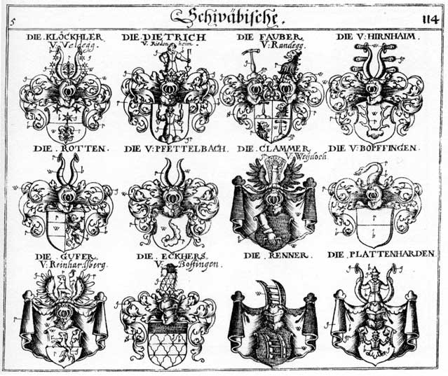 Coats of arms of Blattenhard, Bopfingen, Clammer, Dietering, Dietrich, Eckher, Fauber, Gufer, Hirnbaim, Klammer, Kleckler, Klöckhler, Lackner, Pfettelbach, Plattenharden, Popfingen, Renner