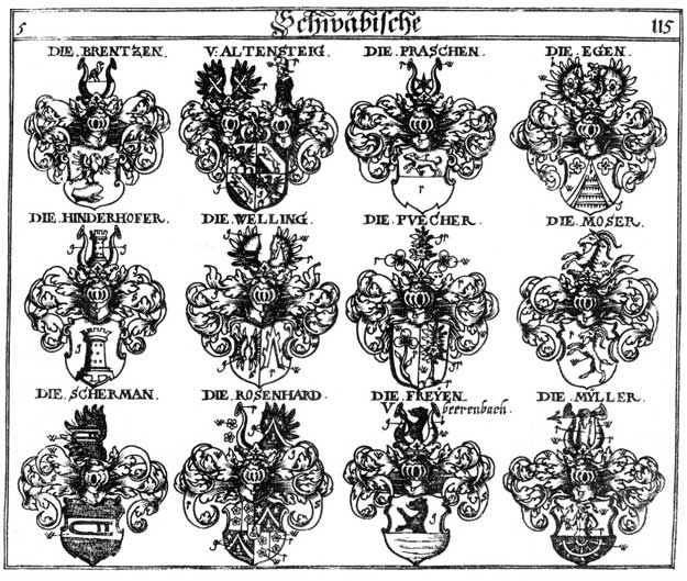 Coats of arms of Altensteig, Brentzen, Freyen, Hinderhoffer, Lacomin, Moser, Mosser, Praschen, Prentzer, Rosenhardt, Schermann, Welling