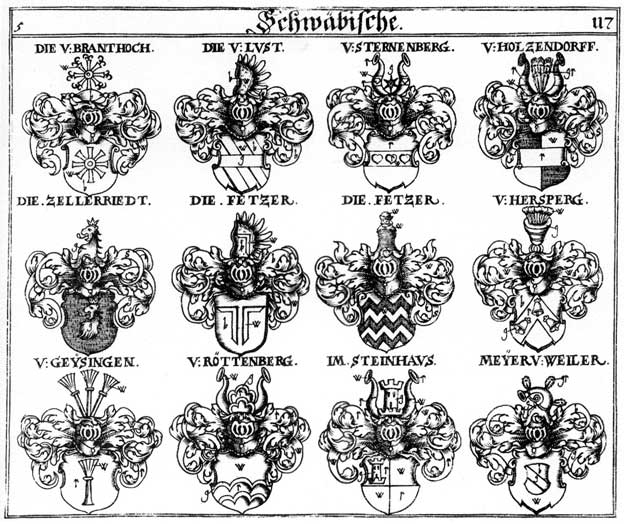 Coats of arms of Brandhoch, Branthoch, Fetzer, Geysingen, Hersperg, Holtzendorff, Lust, Majer, Mejer, Meyer, Roettenberg, Steernenberg, Vetzer, Zellerriedt