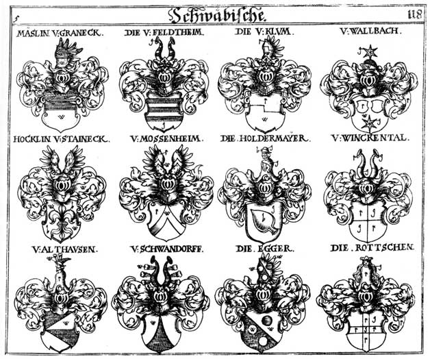 Coats of arms of Altenhausen, Althausen, Clum, Höcklin, Hoecklin, Holdermayer, Kach, Klum, Koch, Maeslin, Mäslie, Rottschen, Schwandorff, Wallbach, Winckelthal