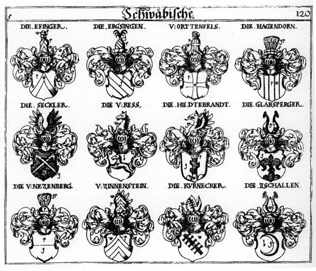 Coats of arms of Effinger, Ergsingen, Glabsperger, Hagendorn, Hagentorn, Hildebrandt, Hilteprant, Kurnecker, Nezenberg, Ortenfets, Orttenfels, Ress, Seckler, Zinnenstein, Zschallen
