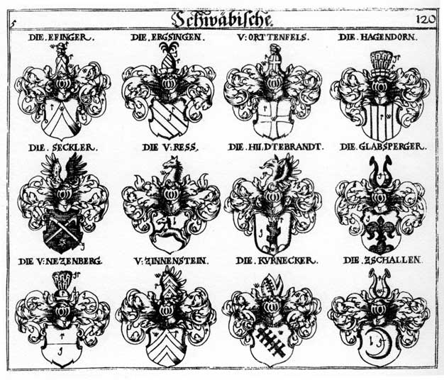 Coats of arms of Effinger, Ergsingen, Glabsperger, Hagendorn, Hagentorn, Hildebrandt, Hilteprant, Kurnecker, Nezenberg, Ortenfets, Orttenfels, Ress, Seckler, Zinnenstein, Zschallen