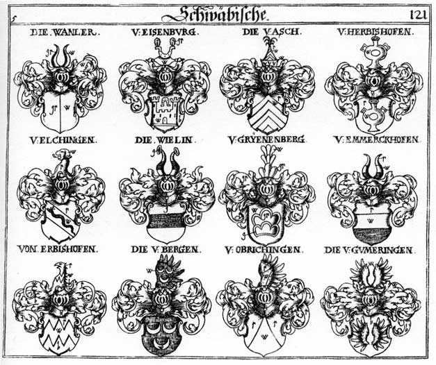 Coats of arms of Asch Arz, Berg, Bergen, Berghen, Eisenburg, Elchingen, Erbishofen, Eysenburg, Grünenberg, Gryenenberg, Gumeringen, Herbishosen, Obrichingen, Wanler, Wielin