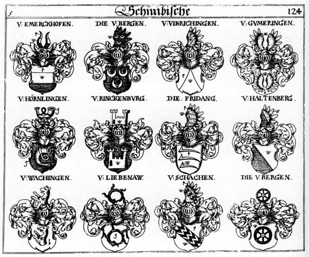 Coats of arms of Berg, Bergen, Berghen, Emmerchofen, Fridanus, Gumeringen, Haldenberg, Haltenberg, Hörnlingen, Liebenau, Rinckenburg, Schach, Schachen, Vibrichingen