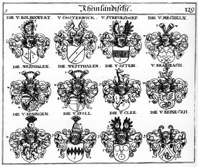 Coats of arms of Braidbach, Clee, Cleen, Keningen, Kleen, Mecheln, Ohsterwick, Ostein, Reineck, Reinecke, Rolinxswert, Spoll, Streversdorf, Westphalen