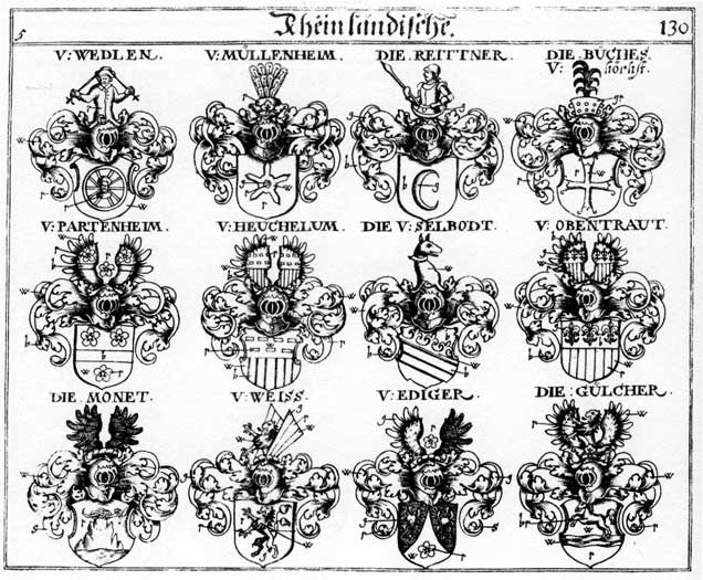 Coats of arms of Buches, Ediger, Gülcher, Heuchelum, Heukelom, Monet, Obentraut, Partenheim, Reittner, Selbodt, VVeissen, Wedel, Wedlen, Weis, Weiss