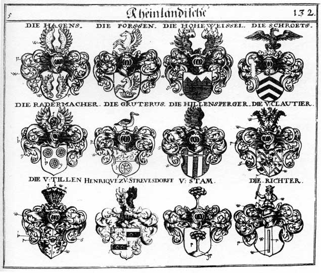 Coats of arms of Clautier, Dill, Gruterus, Hageus, Henriquetz, Hillensperger, Hohenweisel, Porssen, Rademacher, Radermacher, Richter, Schröets, Stam, Stamen, Thil, Thillen, Tillen, Tyllen