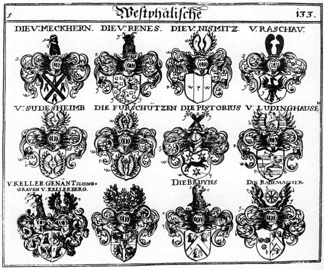 Coats of arms of Bruy, Bruyns, Fürschützen, Keller, Ludinghausen, Meckhern, Nismitz, Pistorius, Renese, Sluinggraven, Sudesheimb