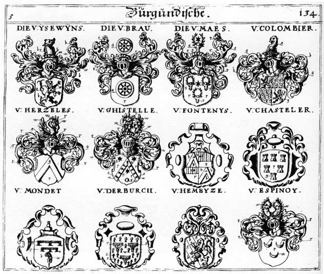 Coats of arms of Brau, Chasteler, Colombier, Derburch, Espinoy, Fontenys, Ghistelle, Hembyce, Herzeles, Maes, Mondet, Ysewyns