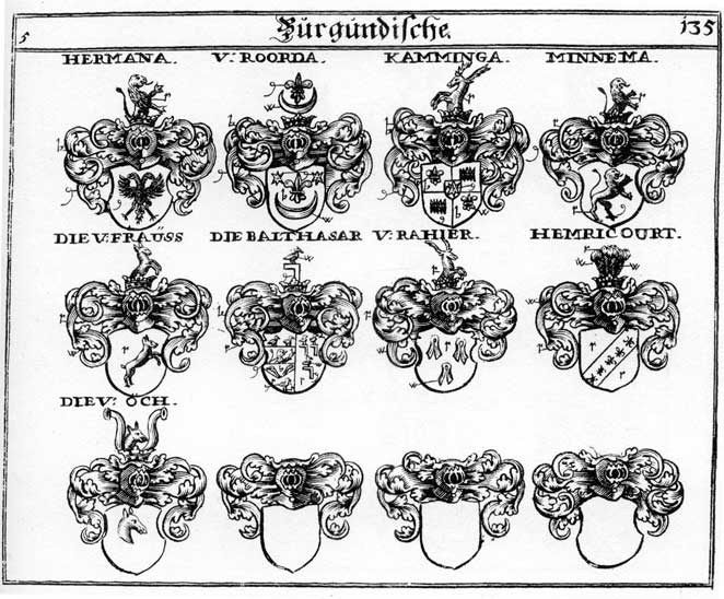 Coats of arms of Balthasar, Frauss, Fraysi, Hemricourt, Hermana, Hermanaw, Kamminga, Minnerma, Och, Rahier
