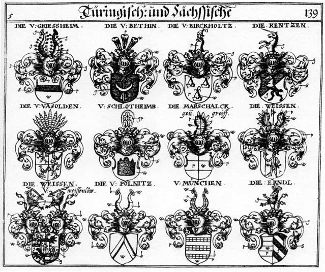 Coats of arms of Bethin, Birckholtz, Erndl, Greiff, Greiffen, Griesheim, Polnitz, Schlotheim, Vasolden, Weisen, WeisS Weysen, Weissen